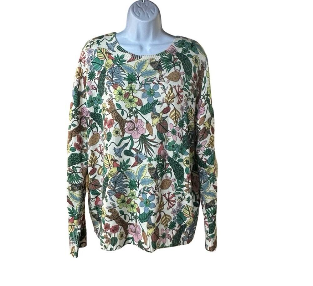 Boden Margot 100% Cashmere Sweater US 12 Exotic Paradise Floral Animal Print